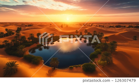 A circular desert oasis is encircled by palms and bushes as the sun sets over orange dunes 126307479