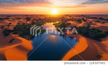 A wide blue river oasis flows through golden sand hills as the sun sets low on the horizon 126307481