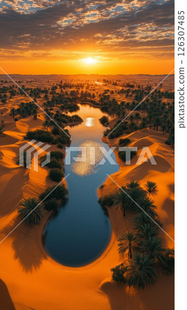 Sunlight reflects off a winding oasis flanked by palms and shrubs in a glowing desert at dusk 126307485