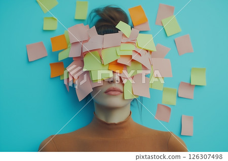 Woman in orange sweater with eyes closed, face completely covered in colorful sticky notes 126307498