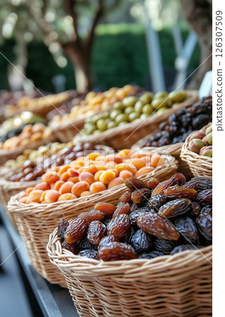 Multiple baskets of dried fruits and olives on an outdoor stand with trees blurred in the background 126307509