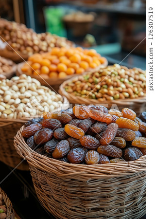 Brown and golden dates fill a basket, surrounded by nuts and dried apricots in a market setting 126307519
