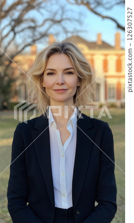 Blonde woman in a black blazer and white shirt stands outside on grass with a mansion in the background 126307527