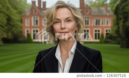 Mature woman in a black suit and white shirt smiles gently with a large estate behind her on a lawn 126307528