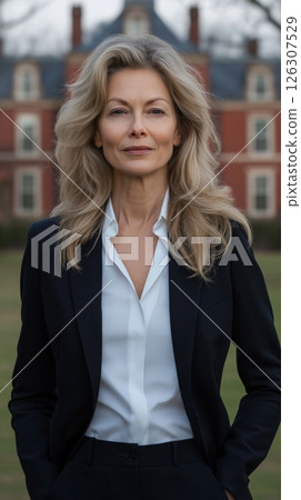 Confident woman with wavy blonde hair poses in front of a grand house on a cloudy day 126307529
