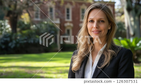 Long-haired woman in a suit smiles softly while standing near a red brick house and green garden 126307531