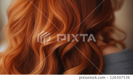 Close-up of soft, shiny red waves with detailed texture and light reflecting on the healthy strands Close-up of soft, shiny red waves with detailed texture and light reflecting on the healthy strands 126307536