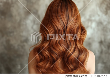 Copper red hair styled in shiny waves, flowing gently over the back with a soft textured background Copper red hair styled in shiny waves, flowing gently over the back with a soft textured background 126307544