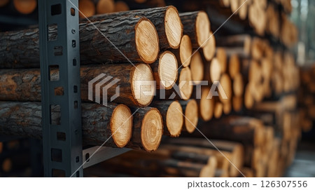 Close-up view of round wooden logs stored on black racks, revealing smooth cuts and bark details Close-up view of round wooden logs stored on black racks, revealing smooth cuts and bark details 126307556