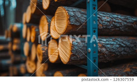 Neatly stacked logs with dark bark and fresh-cut ends rest on blue metal shelves in the forest Neatly stacked logs with dark bark and fresh-cut ends rest on blue metal shelves in the forest 126307559
