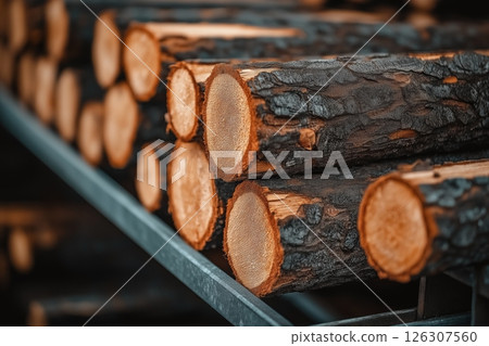 Dark tree logs with coarse bark and visible growth rings stacked on angled metal supports Dark tree logs with coarse bark and visible growth rings stacked on angled metal supports 126307560