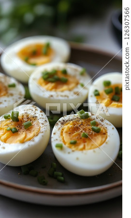 Six hard-boiled eggs sliced in half, garnished with green onions and freshly ground pepper Six hard-boiled eggs sliced in half, garnished with green onions and freshly ground pepper 126307566