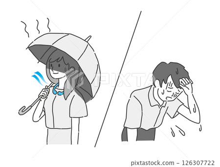 一名女子撐著遮陽傘，一名男子因天氣炎熱而感到身體不適 126307722