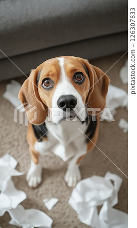 Full view of a schnauzers face and chest, with trimmed fur and symmetrical white markings 126307833