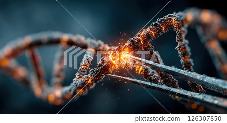CRISPR DNA strand being edited by metal scissors, glowing particles, futuristic science concept 126307850