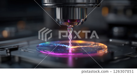 Holographic DNA strand under microscope in digital laboratory, futuristic science concept 126307851