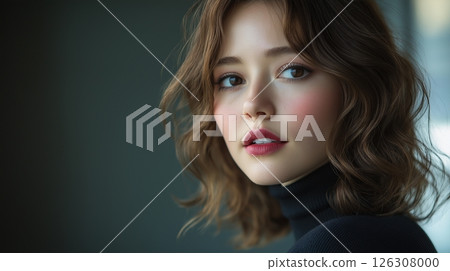 Brunette woman with soft waves, rosy cheeks, and pink lipstick wearing a black turtleneck sweater 126308000