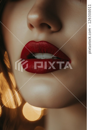 Close-up of matte red lips on a woman's face, warm-toned lighting with golden bokeh in background 126308011