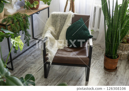 A fragment of the interior with a variety of indoor plants and plaster sculptures. Urban jungle concept. Biophilia design. A fragment of the interior with a variety of indoor plants and plaster sculptures. Urban jungle concept. Biophilia design. 126308106