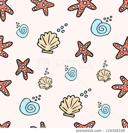Seamless pattern with shells, fish, jellyfish on a light background, vector Seamless pattern with shells, fish, jellyfish on a light background, vector 126308108