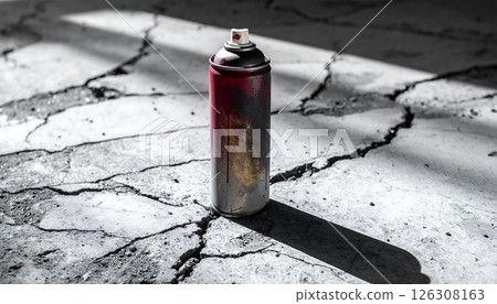 A weathered spray paint can stands on cracked concrete, casting a long shadow in harsh sunlight. Red paint drips. 126308163
