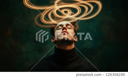 Golden sparkles swirl around a young persons head as they tilt back in peaceful stillness Golden sparkles swirl around a young persons head as they tilt back in peaceful stillness 126308280