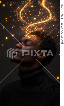 Golden sparkles swirl around a young persons head as they tilt back in peaceful stillness 126308291