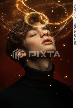 Golden sparkles swirl around a young persons head as they tilt back in peaceful stillness 126308292