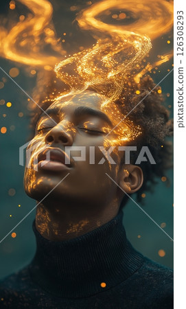 Golden sparkles swirl around a young persons head as they tilt back in peaceful stillness 126308293