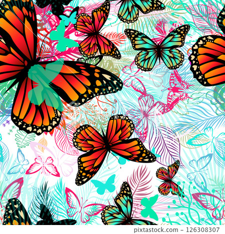 Seamless abstraction with flowers and butterflies. hand drawn. Not AI, Vector illustration Seamless abstraction with flowers and butterflies. hand drawn. Not AI, Vector illustration 126308307