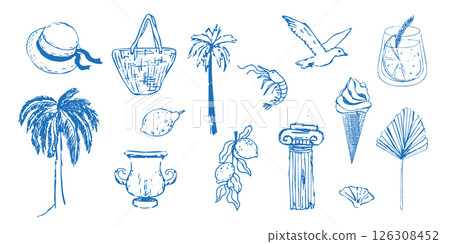 Summer seashore greek sea tourism, rest sketch drawing. Line hand drawn beach party elements. Vacation doodle tropical print. Summer seashore greek sea tourism, rest sketch drawing. Line hand drawn beach party elements. Vacation doodle tropical print. 126308452