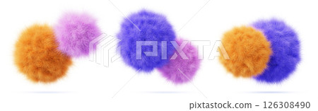 3d color fur fluffy balls. Abstract furry geometric spheres. Cute soft plush circle shapes with hairy texture. Pink blue yellow fuzzy wool orb or pom pom, isolated render icon set. 3D illustration 3d color fur fluffy balls. Abstract furry geometric spheres. Cute soft plush circle shapes with hairy texture. Pink blue yellow fuzzy wool orb or pom pom, isolated render icon set. 3D illustration 126308490