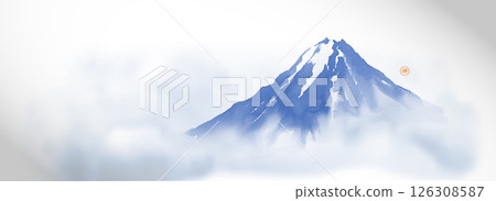 Blue mount Fuji with mist. Traditional Japanese ink wash painting sumi-e. Translation of hieroglyph - zen Blue mount Fuji with mist. Traditional Japanese ink wash painting sumi-e. Translation of hieroglyph - zen 126308587