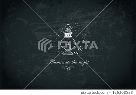 Vintage lantern with a glowing candle on blackboard background. Vector illustration with place for your text 126308588