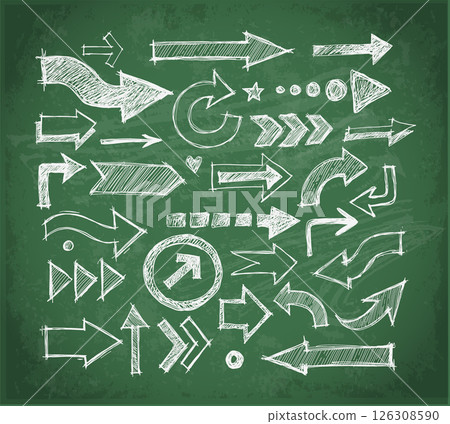 Collcetion of hand-drawn doodle sketch arrows in various styles and directions, sketched with a rough, artistic feel on on blackboard background Collcetion of hand-drawn doodle sketch arrows in various styles and directions, sketched with a rough, artistic feel on on blackboard background 126308590