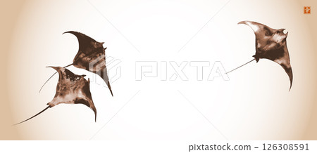 Minimalist ink painting of three manta rays in vintage style. Hieroglyph - happiness. Minimalist ink painting of three manta rays in vintage style. Hieroglyph - happiness. 126308591