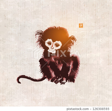 Minimalist ink wash painting of a cute monkey in vintage style. Traditional oriental ink painting sumi-e, u-sin, go-hua. Hieroglyph - happiness. 126308593