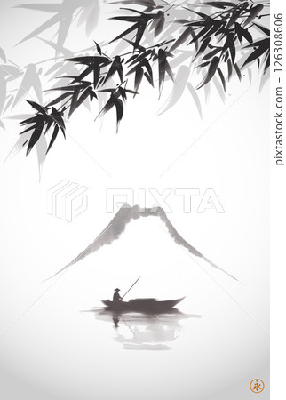 Minimalist ink painting with a lone fisherman in boat, bamboo trees and far mountain. Traditional oriental ink painting sumi-e, u-sin, go-hua. Translation of hieroglyph - eternity 126308606