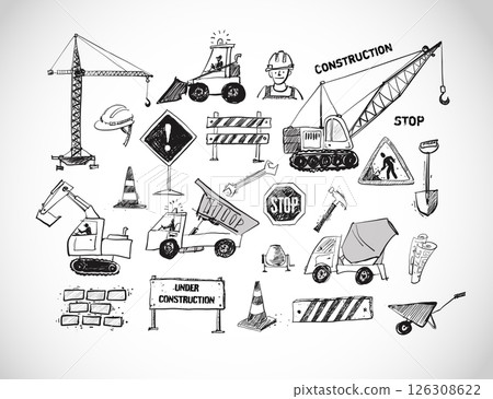 Vector doodle sketch of various heavy construction vehicles, including cranes, excavators, trucks, and loaders, in hand-drawn style on white background Vector doodle sketch of various heavy construction vehicles, including cranes, excavators, trucks, and loaders, in hand-drawn style on white background 126308622