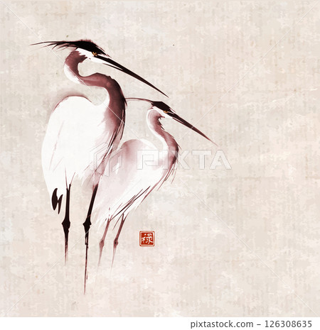 Simple minimalist ink wash painting of of two herons on vintage background. Traditional oriental ink painting sumi-e, u-sin, go-hua. Translation of hieroglyph - well-being 126308635