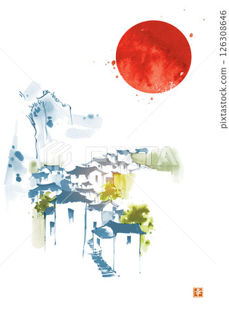 Traditional Chinese mountain village and big red sun. Traditional oriental ink painting sumi-e, u-sin, go-hua. Hieroglyph - happiness. 126308646
