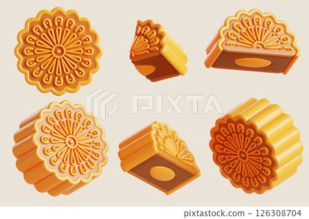 Moon cake set for mid autumn festival design. Asian sweet food with flower pattern. Mooncake whole, half and quarter. Traditional holiday gift in China, Taiwan, Japan, Korea, Vietnam. 3D illustration 126308704