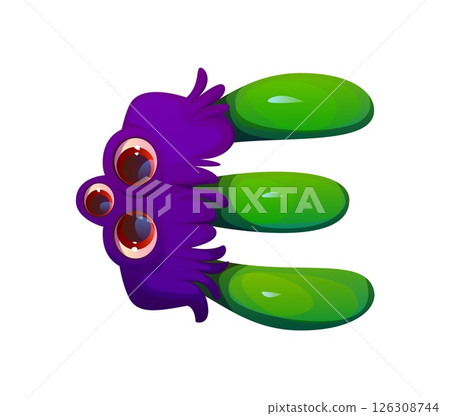 Bizarre monster character cartoon font letter E. Fantasy monster character typeset sign, spooky Halloween scarecrow cartoon vector type symbol. Crazy horror bogle personage kids ABC font element 126308744