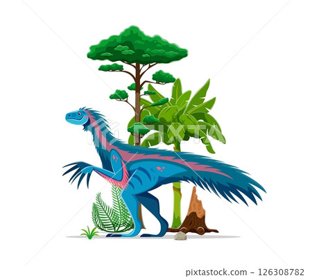 Therizinosaurus prehistoric dinosaur at Late Cretaceous era landscape. Isolated cartoon vector feathered herbivore dino character resembling a huge bird with long legs and neck stands under large tree Therizinosaurus prehistoric dinosaur at Late Cretaceous era landscape. Isolated cartoon vector feathered herbivore dino character resembling a huge bird with long legs and neck stands under large tree 126308782
