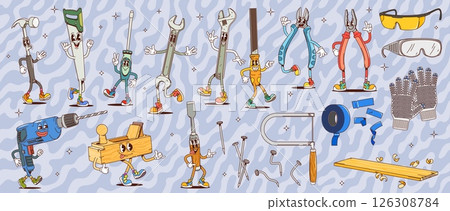 Groovy building and repair DIY tool characters, vector retro hippie renovation equipment. Cartoon groovy hammer, pliers, screwdriver and saw, glasses, gloves, funny wrench and drill characters Groovy building and repair DIY tool characters, vector retro hippie renovation equipment. Cartoon groovy hammer, pliers, screwdriver and saw, glasses, gloves, funny wrench and drill characters 126308784