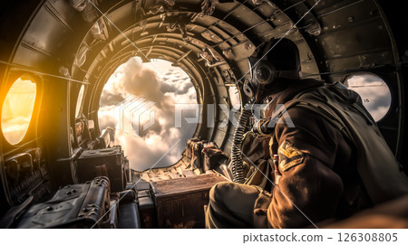 An airborne soldier jumps out of a military aircraft mid-air. The concept of courage, tactical operations, military training, and high-risk airborne deployment. Generative AI. 126308805