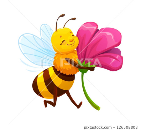 Cartoon honey bee character flying with dreamy face and hugging big pink flower. Vector adorable yellow insect with transparent wings and closed eyes radiates tenderness, spring joy and pollination 126308808