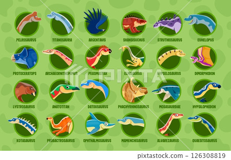Dinosaurs infographic of prehistoric animals and reptiles with names. Paleontology education vector diagram with cartoon dinos. Euhelopus, datousaurus, dimorphodon, anatotitan dinosaurs infographics Dinosaurs infographic of prehistoric animals and reptiles with names. Paleontology education vector diagram with cartoon dinos. Euhelopus, datousaurus, dimorphodon, anatotitan dinosaurs infographics 126308819