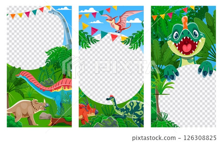 Social media frame templates with cartoon prehistoric dinosaurs. Vector circular photo frames or stories borders featuring playful reptile characters and baby dino in tropical jungle with flag garland 126308825