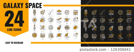 Line galaxy space icons, vector astronomy science. Space rocket, Moon and Earth planets, astronaut, alien and UFO outline signs. Line spaceship, satellite, telescope, comet and star constellation 126308841